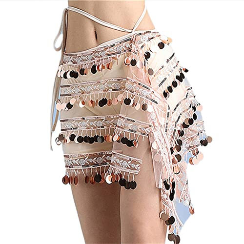 Frauen Bauchtanz Rock Skinny Bauchtanz-Zubehör, Quasten-Wickeltuch, Netzbasis für Damen Mädchen(Champagne)