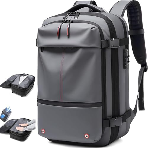 RIDEONMOP Luft-Vakuum-Rucksack für Reisen, 60 l großer Vacpack-Rucksack, erweiterbar mit Pumpe, Diebstahlsicherung, wasserdichter tragbarer Outdoor-Reise-Vakuum-Rucksack,Grau,with Pump