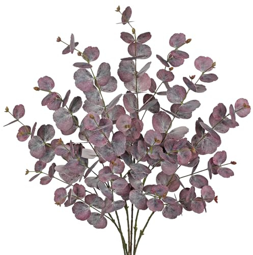Hollyone 6PCS Künstliche Eukalyptus Stiele 86cm Kunstzweige Gefälschte Pflanzen Zweige Silber Dollar Blätter Faux Violett Blätter Stiel für Hochzeit Blumenstrauß Vase Tisch Centerpiece Dekoration
