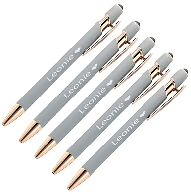 FORYOU24 - Kugelschreiber mit Gravur, Rosegold | 5er Pack Farbe - Nebeltraum Grau - Personalisierte Stifte Hochwertig Kullis mit Wunschtext & Logo, Auswechselbare Mine | 1MM Strichstärke