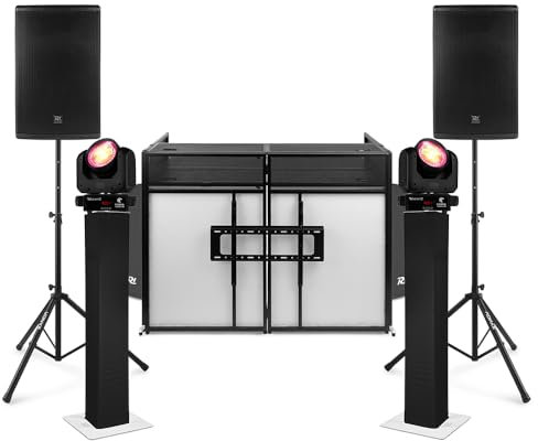 VONYX PD PD412A 12 Mobile DJ Setup, Active Speaker Package, DJ PA System with Booth, TV Mount, Moving Head Wash Lights, Height Stands & Plinths for Weddings, Events & Parties