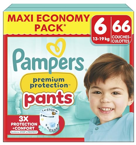 Pampers Premium Protection Pants Taille 6, 66 Couches-Culottes, 13kg-19kg, Avec un Maintien 360° et des Barrières Anti-fuites Douces 2 fois plus larges qu’avant pour Confort et Protection
