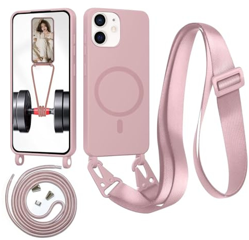 Beajew Custodia con corda per iPhone 12 Mini, custodia magnetica in silicone liquido per iPhone 12 Mini, con ciondolo regolabile, collana con cordino Case - Rosa Sabbia