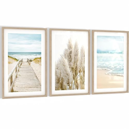 Novart Wandbilder mit Rahmen Meer - Wohnzimmer Schlafzimmer Wanddeko - 3 Bilder Set Strand Blau Beige - N104836aR1