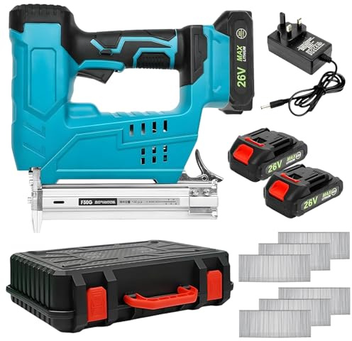WUDLEP 26V Cordless Brad Nailer Kit, 2 in 1 Electric Stapler Gun with Tool Case, Fast Charger with 2 x 2000MA Lithium Battery, 1000pcs Free Staples, for Upholstery and Woodworking