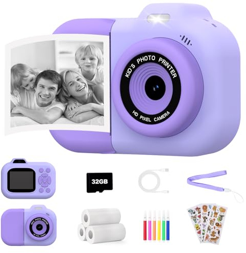 Appareil Photo Instantané pour Enfants 1080P Caméra Vidéo Numérique Enfant avec Impression Photo, Jouet Portable avec Carte 32GB，Cadeau Noël Anniversaire Fille Garçon 3 4 5 6 7 8 9 10 11 12 Ans
