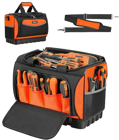 TUFFWORX 16 Zoll Werkzeugtasche mit 18 Taschen, 40 x 25 x 29 cm, robuste Werkzeugtaschen für Elektriker, Werkzeugaufbewahrungs-Organizer mit wasserdichtem, robustem Boden, Orange/Schwarz