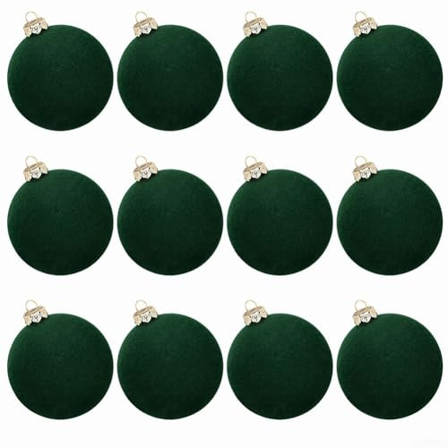 UrbanHui 12-teiliges Samt-Weihnachtsschmuck-Kugel-Set für Baum, Wand, Fenster, Urlaubsdekoration, 6 cm (reine grüne Tinte)
