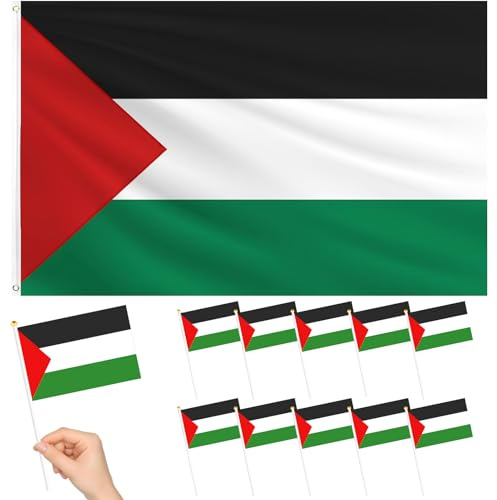 1 Pcs Drapeau Palestine +12 Pcs Drapeaux Palestine Petits | 150 x 90 cm+ 20 x 14.5 cm,Drapeau Palestinien,Drapeaux Résistants aux Intempéries