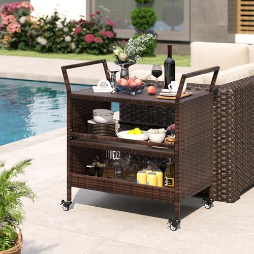 GIANTEX serveringsvagn utomhus rotting, köksvagn på hjul, grillvagn grillbord 3 nivåer med sidohandtag, grillsidobord, utomhus rullvagn, för trädgård pool terrass, 86 x 50 x 89 cm