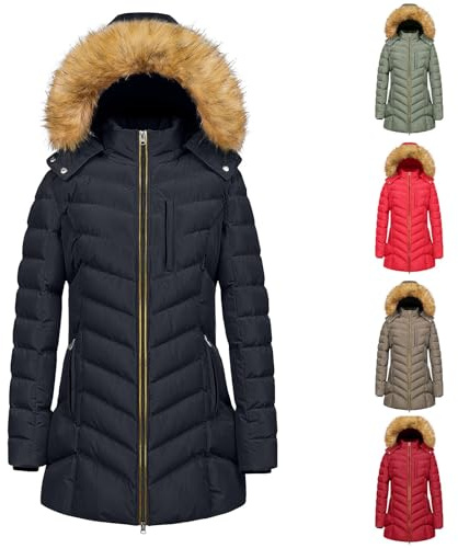 Cocila Women's Winter Hooded Coat Waterproof Warm Full Zip Long Puffer Jacket Parka Faux Fur Trim Hood Outdoor Solid Color Windproof Coats Ladies Long Winter Coat Plus Size