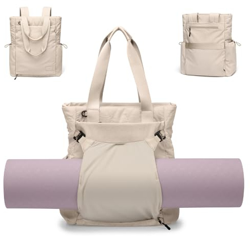 GOLF SUPAGS 3-in-1 Laptop Tote Backpack for Women 15.6 Quilted Work Gym Bag with Hidden Yoga Mat Carrier for Travel Leisure (Apricot)