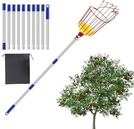Ahuuen Varilla Telescópica con Cesta para Frutas - Recolector de Árboles Frutales de 4 m - Herramienta De Recolección Para Melocotones Granadas Peras Aguacates
