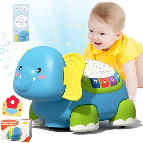 IGUGI Elefant Krabbelspielzeug,Baby Spielzeug 3-12 Monate,Elefanten Baby Spielzeug mit Musik und Projektor,Babyspielzeug Neugeborenen Geschenk mit Kindergrußkarte für Jahr Jungen Mädchen