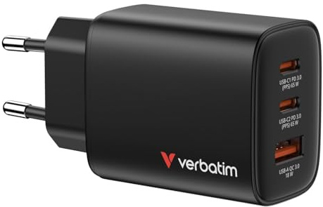 Verbatim Essentials GaN Charger 65 W, 2 portar USB-C laddare PD3.0, 1 port USB-A QC 3.0, snabbladdare som flera kontakter för Apple MacBook, Notebook, iPad, iPhone 15 – iPhone 17, Samsung, svart
