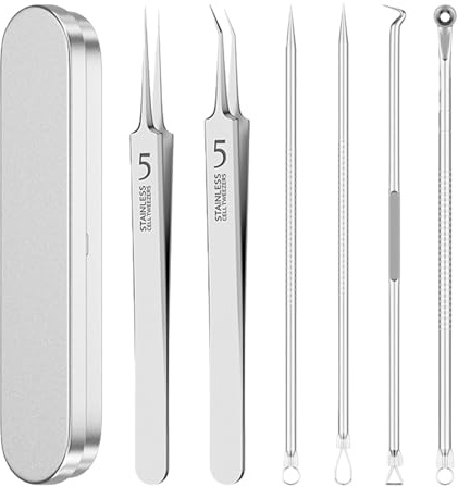 Mitesserentferner Komedonenquetscher Set, Porenreiniger Gesicht 6-teiliges Edelstahl-Werkzeug-Set mit Metall-Aufbewahrungsbox zur Entfernung von Akne, Whiteheads und Blackheads im Gesicht-Silber