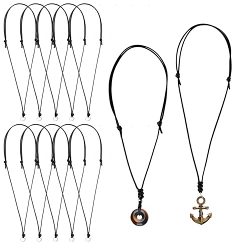 KRENIE Adjustable Leather Necklace Cords for Men – 10 Pcs Black Leather Style Necklace Rope – Knotted Craft Cords with Metal Ring – Handmade Cord Set for Pendants and DIY Jewelry (12–25 Inches)