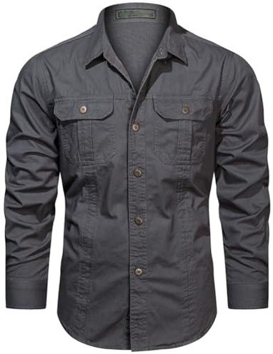 Hombre Camisas de Trabajo de Algodón, Ropa de Militar de Manga Larga con Botones,Cargo Shirts, 2 Bolsillos, Regular Fit para Pesca, Tala, Senderismo, Caza