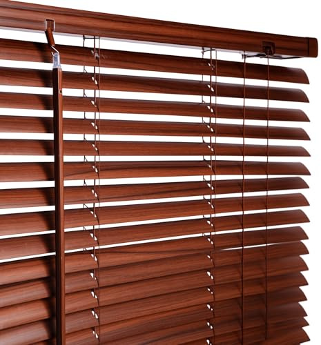 AQS - PVC Venetian Window Blinds - Easy Fit Curtains Trimmable Fittings - Windows Treatment Shutters Twist Open Close - Moisture Resistant Slats Wall & Recess Mount (Walnut, 90W x 213H cm)
