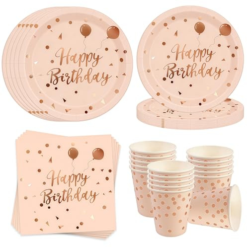 Cheukka Roségold Geburtstag Partygeschirr für 16 Gäste,52 Stück Happy Birthday Partyteller Party Geschirr Set,Geburtstag Pappteller Servietten Becher geschirr für Junge Mädchen Kindergeburtstag