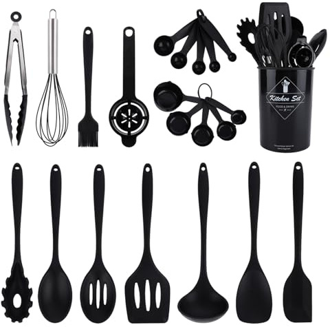 32pcs Silicone Kitchen Cooking Utensils Set, Cooking Utensils Set with Holder, BPA Free Food Grade Non Stick Coating Silicone Spatulas Kitchen Utensils, Heat Resistant & Easy Clean, Black