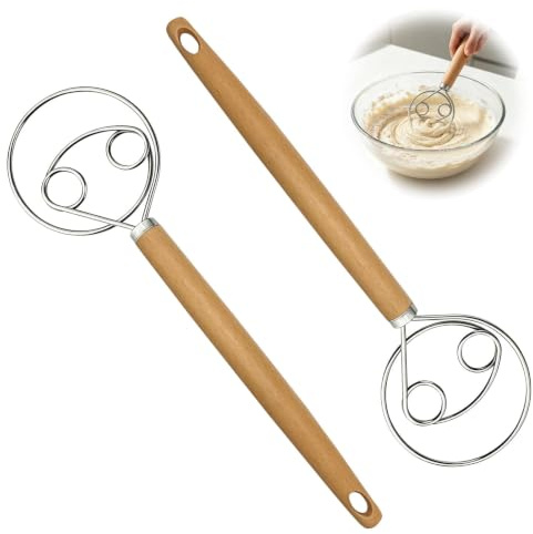 2 Pièces Fouet À Pâte Danois en Acier Inoxydable, Fouet Danois pour Pain avec Manche PP Aspect Bois, pour Mélanger Pâte À Pain, Farine Et Œuf en Cuisine Et Lors de la Pâtisserie