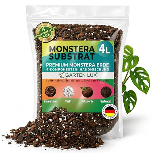 Garten Lux Monstera Erde 4L – Premium 4-Komponenten Aroid Substrat mit Perlite, Kokoserde & Pinienrinde – Luftdurchlässige Erde für Zimmerpflanzen