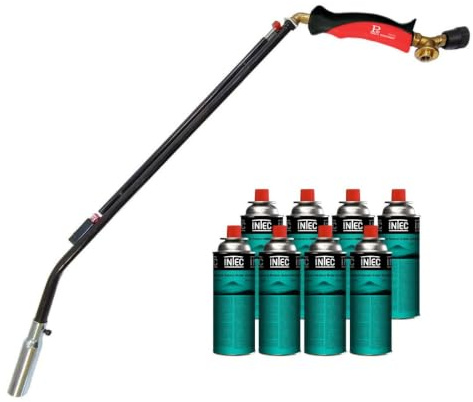INTEC - Désherbeur thermique à gaz 1100W + 8 cartouches de gaz Butane Brule Herbes Allumage piezo + Adaptateur multicartouche