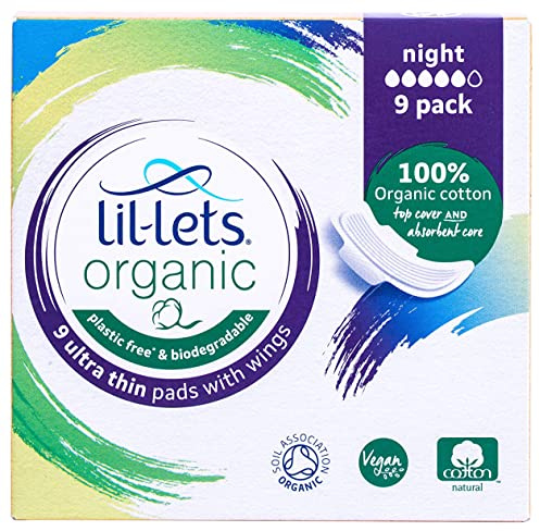 Lil-Lets Organic Cotton Night Pads, 9 Count, Ultra Thin, with Wings, for Medium to Heavy Flow, GOTS Certified, Plastic Free, Biodegradable, 100% Organic Cotton Top Cover and Absorbent Core