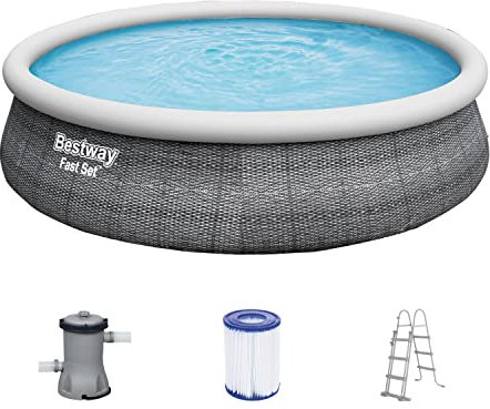 Bestway Fast Set Pool, 457 x 107 cm, Komplett-Set mit Filterpumpe, rund, graue Rattan-Optik