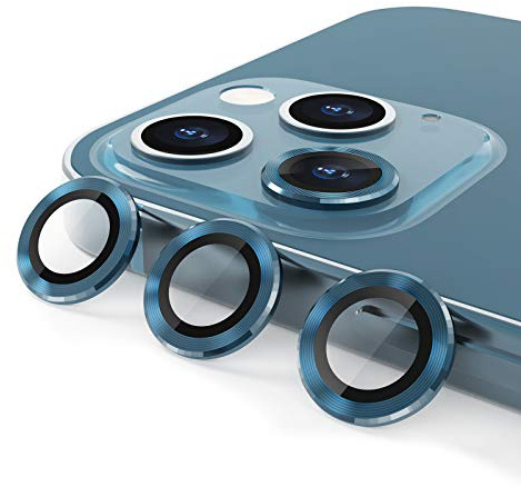 CloudValley Kameralinsenschutz für iPhone 12 Pro Max, gehärtetes Glas, Aluminiumlegierung, 3 Stück, Blau, mit Reinigungsset