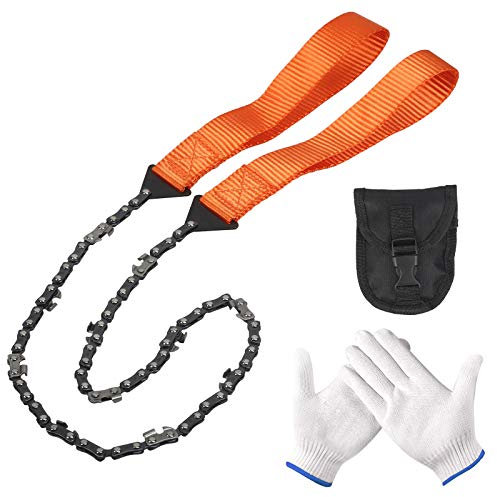 HAKOTOM 3Tlg Hand Kettensäge Handkettensäge aus Carbonstahl zum Sägen von Ästen Bäumen Survival Ausrüstung Astsäge 1M Premium Baumsäge mit Gürteltasche Nylonhandschuhe für Outdoor Camping Zubehör