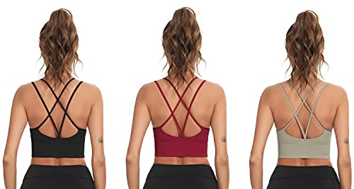 Enjoyoself dam sportbehå utan bygel push up vadderad chic bysthållare med remmar på baksidan, lätt behå topp för yoga träning, 3 svart + vinröd + grön, M