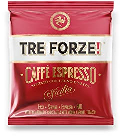 TRE FORZE! Espresso Caffè – ESE Pad 50 stycken – Pods – traditionell rostning över olivved i handarbete – premium kaffekuddar E.S.E-kuddar (50 stycken på vardera 7 g