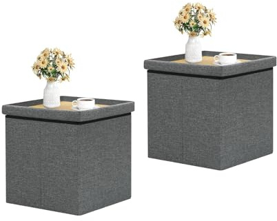 B FSOBEIIALEO Storage Ottoman with Tray, Linen Small Coffee Table Folding Foot Rest Seat Cube, Dark Grey 16X15.7x15 Double (2 Pack)