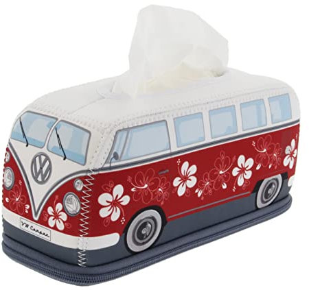 BRISA VW Collection - Volkswagen Neopren Kosmetik-Servietten-Spender-Papier-Taschentuch-Tissue-Box fürs Bad im T1 Bulli Bus Design (Hibiskus/Rot)