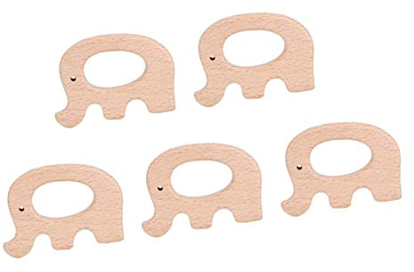 5 Stück Holz Beißring Tier, Elefant Säugling Beißring Spielzeug Schmerzlinderung Beißring DIY Naturholz Zubehör für Kleinkinder Baby Zahnen DIY Halskette Armreif Anhänger(Elefant)