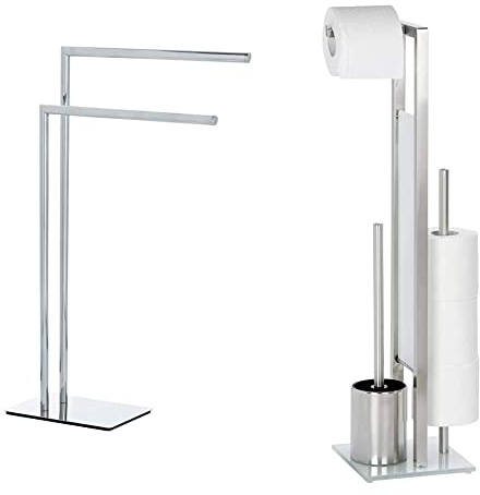 WENKO Handtuchhalter Recco, freistehender Handtuch-Ständer mit 2 parallelen Armen, 48 x 80,5 x 20 cm, Chrom & Stand WC-Garnitur Rivalta, 23 x 70 x 18 cm, Silber matt