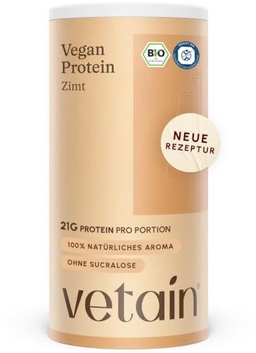 VETAIN Veganes Proteinpulver Zimt - 21g Eiweiß - 100% Bio & fermentiert | Protein Pulver aus 4 Komponenten - 70% Eiweiss - Ohne künstliche Süßungsmittel - Vollständiges Aminosäureprofil - 540g