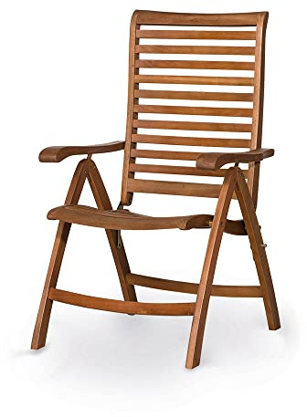 KHG Klappstuhl mit Armlehnen und verstellbare Rückenlehne für Garten | Balkon, Hochlehner platzsparend klappbar, Eukalyptusholz geöltes Echtholz wetterfest 110 kg belastbar Outdoor