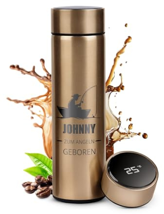 Maverton Thermosflasche 450 ml mit Gravur - Kaffeebecher mit LED-Temperaturanzeige - Reisebecher aus Edelstahl 100% dicht - Thermobecher für Männer - Weihnachtsgeschenke - Farbe: Gold - Angler