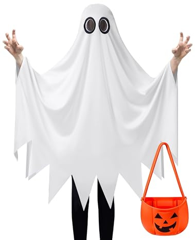 Spooktacular Creations Kids Ghost Costume, Halloween White Silent Ghost Costume with Pumpkin Bag for Boys, Girls Halloween Dress Up, Role Play-S