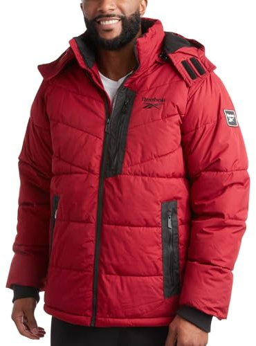 Reebok Herren-Winterjacke, dicker, schwerer Ski-Wintermantel, warm, isoliert, gesteppt, mit Kapuze, Dunkelrot, L
