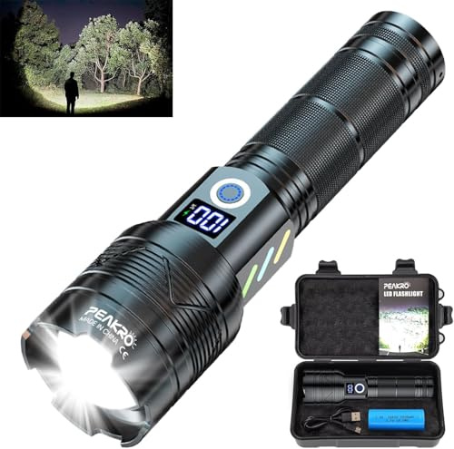 PEAKRO Taschenlampe Led Aufladbar, 100000 Lumens Led Taschenlampe Extrem Hell, Militärische Taschenlampe Batteriebetrieben, Starke Taschenlampe USB IP65 Wasserdicht für Outdoor Camping (5000mAh Akku)