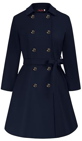 Hanna Nikole Ullrock för kvinnor, stora storlekar, dubbelknäppt vinterkappa med fickor, bälte, långärmad, medellång trenchcoat, Marinblå, 48 plus size