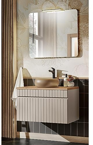 Lomadox Waschplatz Waschtisch Unterschrank 80 cm Aufsatzwaschbecken rund Kaschmir Eiche Nb. B/H/T ca. 80,4/200/46 cm