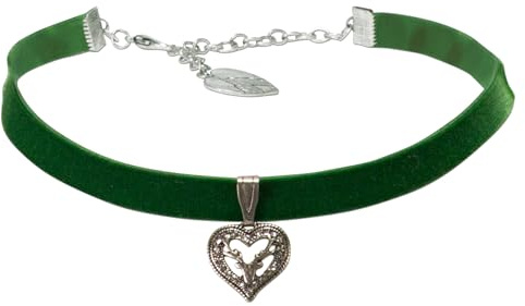 Alpenflüstern Trachten-Samt-Kropfband Strassherz-Hirsch - nostalgische Trachtenkette enganliegend, Kropfkette elastisch, Damen-Trachtenschmuck, Samtkropfband schmal (waldgrün) DHK263