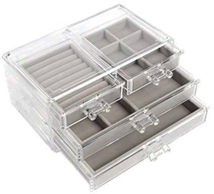 Transparenter Schmuck-Organizer, Schubladenbox, Acryl, staubdicht, Schmuckaufbewahrung, Display, Ring, Ohrringe, Halskette, Armband, Tablett (klare Farbe, 11 x 14 x 24 cm)