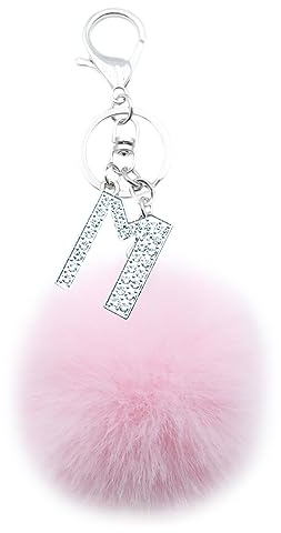 Xsclpomddy Pom Pom rosa. Schlüsselbund künstliche weiche Kaninchenhaar Taschenanhänger Ball Schlüsselanhänger mit Buchstabe A-Z für Handtasche Dekoration