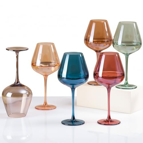 CLUSIVC Colored Wine Glasses Set of 6 -【Hand Blown】 18oz Colorful Crystal Burgundy Wine Glass Colored Lead-Free Colorful Party Wine Glass, New Year Gifts Wine Glasses